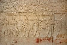 Carrying the fishing, polychrome relief, Mastaba of Kagemni, Saqqara, Egypt, Old Kingdom (2003). Creator: Unknown