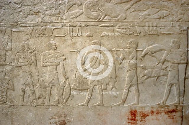 Carrying the fishing, polychrome relief, Mastaba of Kagemni, Saqqara, Egypt, Old Kingdom (2003). Creator: Unknown.