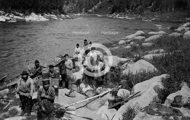 Carrying the Heavy Load of a Land-Management Expedition, Detouring the Mrassu River Rapid, 1913. Creator: GI Ivanov.