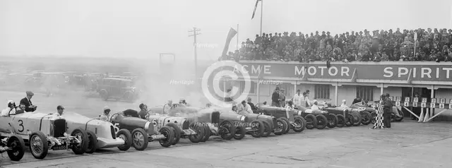 Cars at the start of a BARC race, Brooklands, 1930. Artist: Bill Brunell.