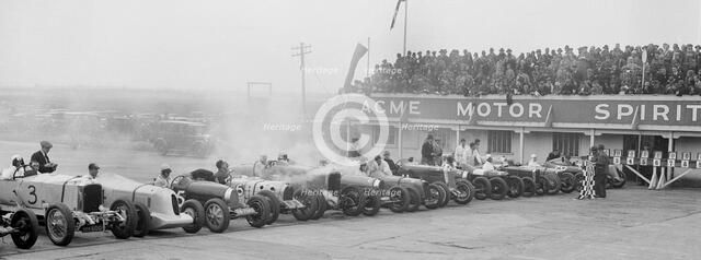 Cars at the start of a BARC race, Brooklands, 1930. Artist: Bill Brunell.