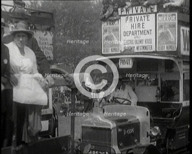 Cars, Buses and Pedestrians Arriving for the 1920 Epsom Derby, 1920. Creator: British Pathe Ltd.
