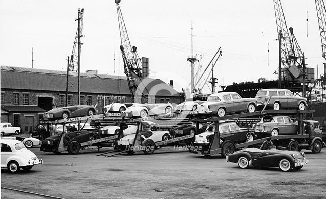 Cars for export at Cardiff docks 1958. Creator: Unknown.