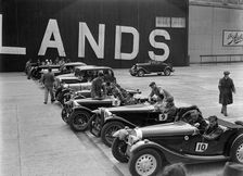 Cars on the start line at the MCC Members Meeting, Brooklands, 10 September 1938. Artist: Bill Brunell