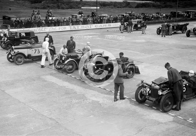 Cars on the starting grid at the JCC Members Day, Brooklands, 4 July 1931 Artist: Bill Brunell.