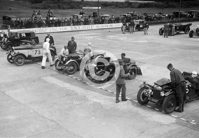 Cars on the starting grid at the JCC Members Day, Brooklands, 4 July 1931 Artist: Bill Brunell.