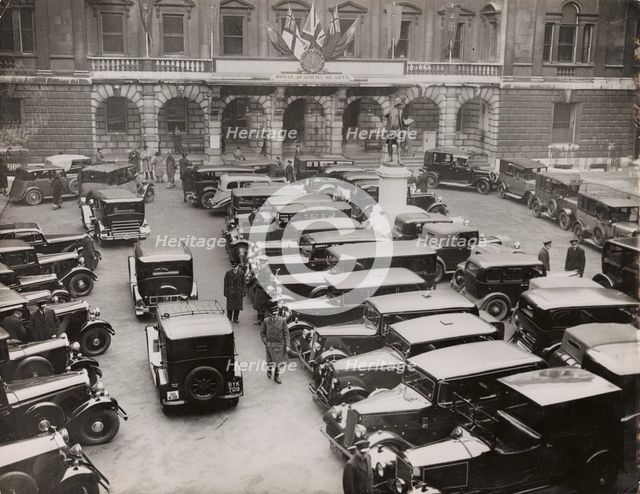 Cars parked in Burlington House Courtyard, on the occasion of the private view..., 1935. Creator: Unknown.