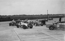 Cars racing at the BARC Meeting on the Campbell Circuit, Brooklands, 15 October 1938. Artist: Bill Brunell