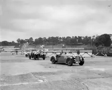 Cars racing through the chicane, JCC Members Day, Brooklands, 8 July 1939. Artist: Bill Brunell