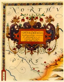 Cartouche by A. Ryther on Saxton's Map of Durham, 1576 (1944). Creator: Augustine Ryther