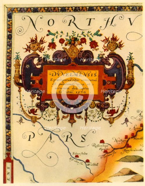 'Cartouche by A. Ryther on Saxton's Map of Durham, 1576', (1944).  Creator: Augustine Ryther.