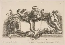 Cartouche Containing an Empty Shield Surmounted by a Lion and Framed by a Lion and a Child, 1646. Creator: Stefano della Bella