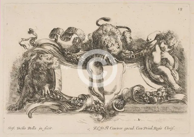 Cartouche Containing an Empty Shield Surmounted by a Lion and Framed by a Lion and a Child, 1646. Creator: Stefano della Bella.