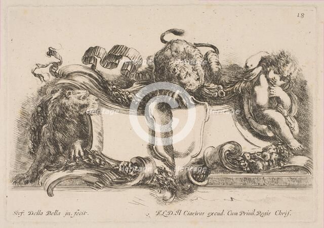 Cartouche Containing an Empty Shield Surmounted by a Lion and Framed by a Lion and a Child, 1646. Creator: Stefano della Bella.