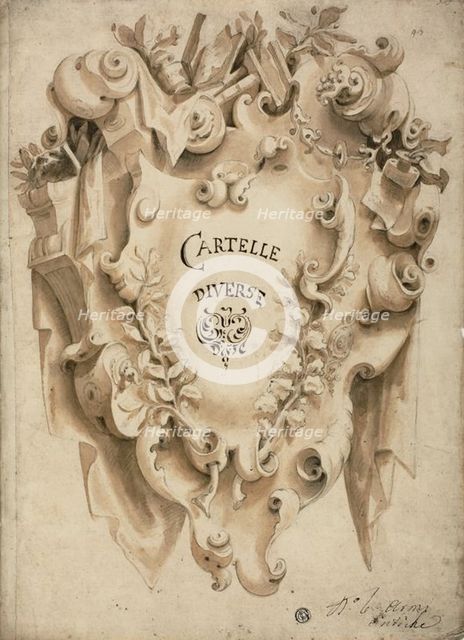 Cartouche Decorated with Foliage, Books, n.d. Creator: Unknown.