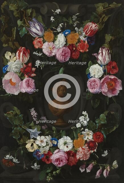 Cartouche Decorated with Swags and Sprays of Flowers, 1665. Creator: Jan Philips van Thielen.