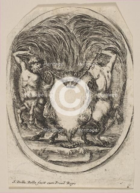 Cartouche Formed by a Tiger Skin Flanked by Two Centaurs, 1647. Creator: Stefano della Bella.