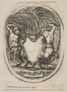 Cartouche Formed by a Tiger Skin Flanked by Two Centaurs, 1647. Creator: Stefano della Bella