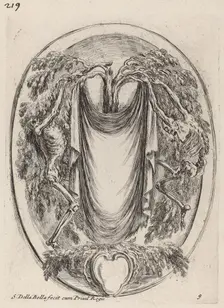 Cartouche in the Form of a Drape Suspended from a Cypress Flanked by Skeletons, 1647. Creator: Stefano della Bella
