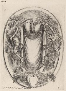 Cartouche in the Form of a Drape Suspended from a Cypress Flanked by Skeletons, 1647. Creator: Stefano della Bella