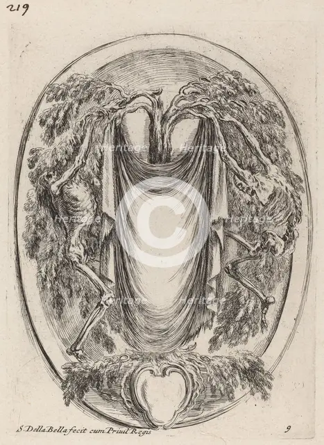 Cartouche in the Form of a Drape Suspended from a Cypress Flanked by Skeletons, 1647. Creator: Stefano della Bella.
