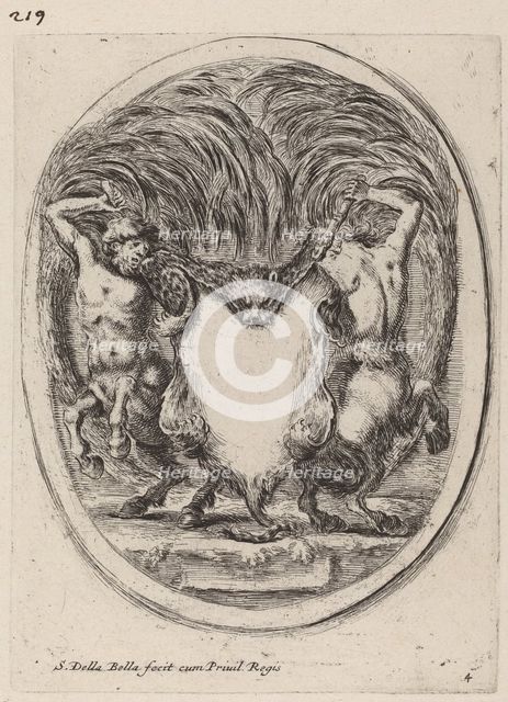 Cartouche in the Form of a Flayed Tiger Supported by Centaurs, 1647. Creator: Stefano della Bella.