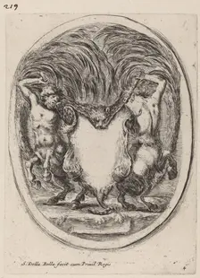 Cartouche in the Form of a Flayed Tiger Supported by Centaurs, 1647. Creator: Stefano della Bella