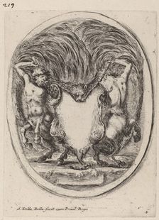 Cartouche in the Form of a Flayed Tiger Supported by Centaurs, 1647. Creator: Stefano della Bella