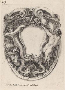 Cartouche Supported by Triton and Siren, 1647. Creator: Stefano della Bella