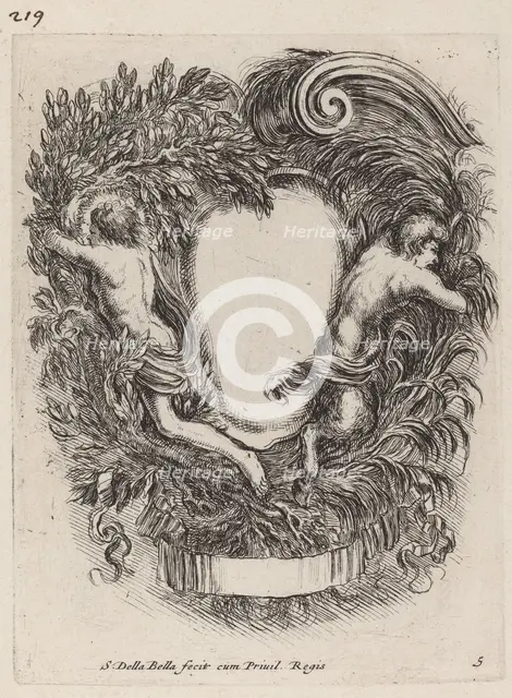 Cartouche with Apollo and Pan, 1647. Creator: Stefano della Bella.