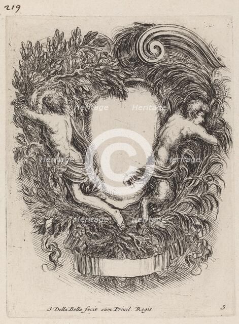 Cartouche with Apollo and Pan, 1647. Creator: Stefano della Bella.