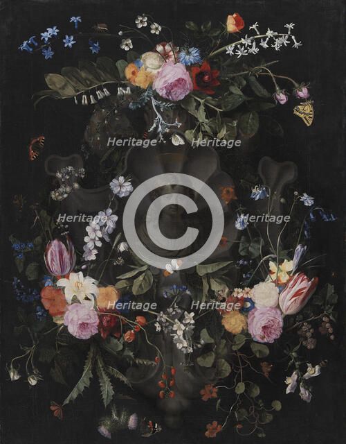 Cartouche with Bust of Christ Surrounded by a Garland of Flowers, 1659. Creator: Andries Bosman.