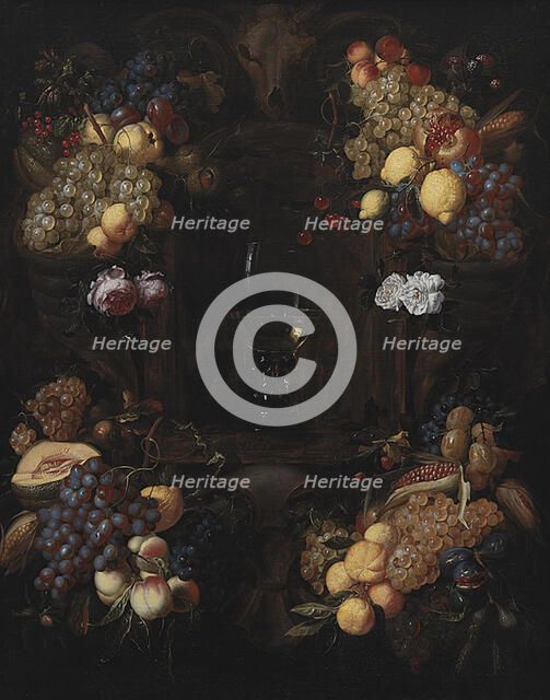 Cartouche with Garlands of Fruit and a Wine Glass, 1651-1750. Creator: Alexander Coosemans.