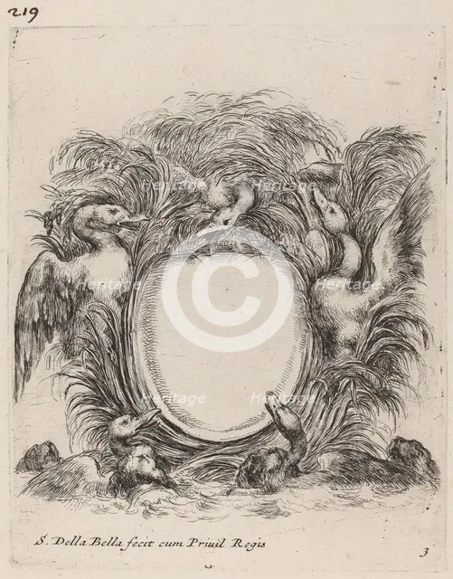 Cartouche with Ducks and Dogs, 1647. Creator: Stefano della Bella.