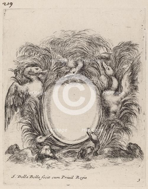 Cartouche with Ducks and Dogs, 1647. Creator: Stefano della Bella.
