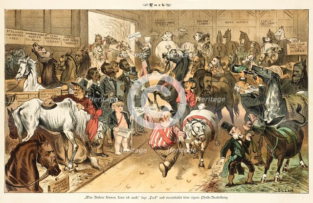 Cartoon from Puck, between 1880 and 1889. Creator: Bernhard Gillam.