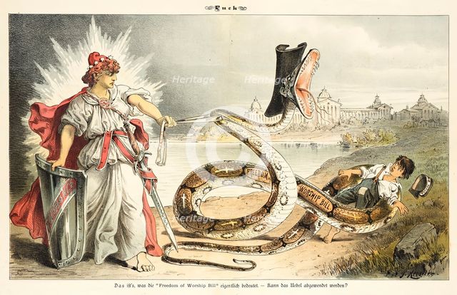 Cartoon from Puck, between 1880 and 1889. Creators: Joseph Keppler, Bernhard Gillam.
