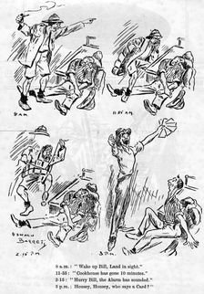 Cartoon from the ship board paper The Comet, troopship RMS Caronia 1916-1917. Artist: Barret