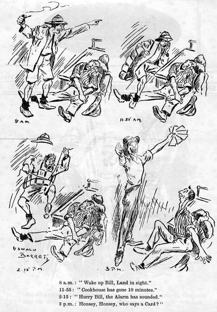 Cartoon from the ship board paper The Comet, troopship 'RMS Caronia', 1916-1917. Artist: Barret