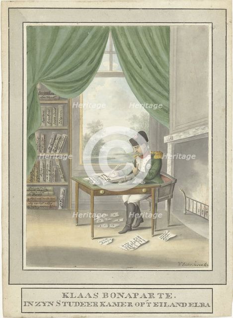 Cartoon of Napoleon: Klaas Bonaparte in his study on the island of Elba, 1814, 1814. Creator: Wijnand Esser.