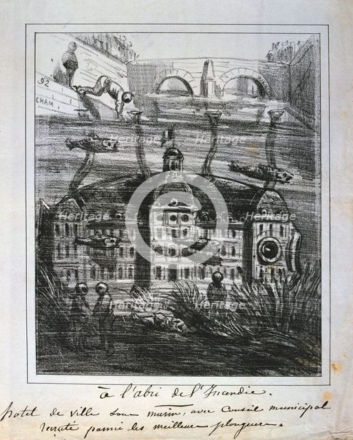 Cartoon proposal to rebuild the Hotel de Ville under water to prevent fire, Paris Commune, 1871.  Artist: Anon