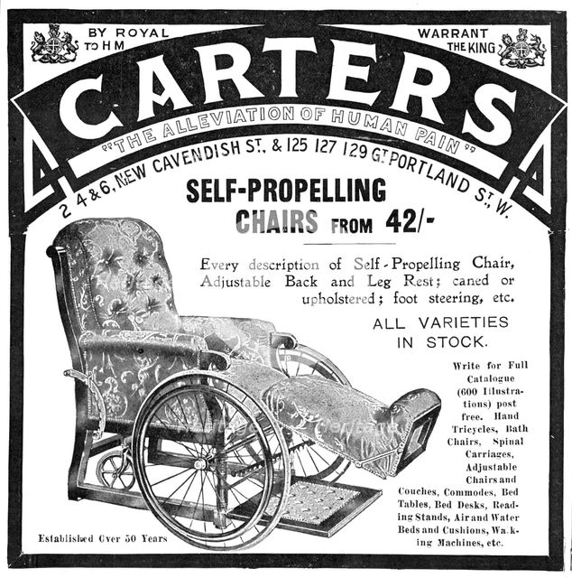 Carters - "The Alleviation of Human Pain" - self-propelling chairs from 42/-, 1909. Creator: Unknown.