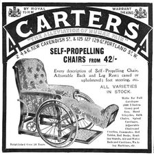 Carters - "The Alleviation of Human Pain" - self-propelling chairs from 42/-, 1909. Creator: Unknown