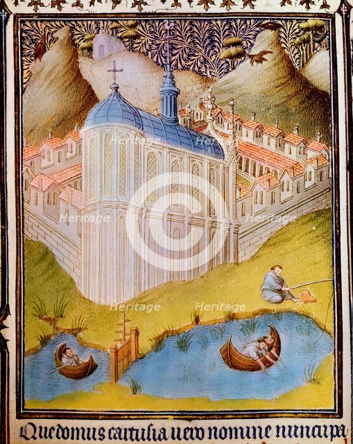Carthusian monks netting and hooking fish in fishponds at Chartreuse, France, 15th century. Artist: Paul Limbourg