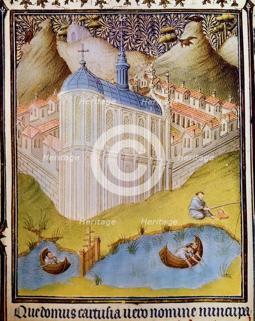 Carthusian monks netting and hooking fish in fishponds at Chartreuse, France, 15th century. Artist: Paul Limbourg