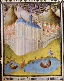 Carthusian monks netting and hooking fish in fishponds at Chartreuse, France, 15th century. Artist: Paul Limbourg