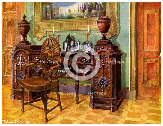 Carved mahogany pedestal sideboard and oval wheelback master's chair, 1911-1912.Artist: Edwin Foley