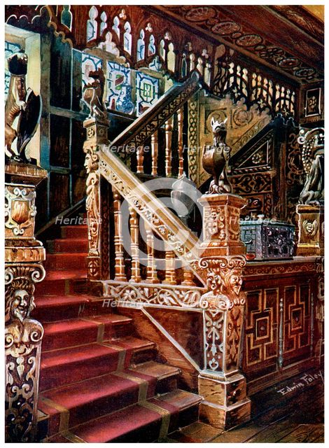 Carved oaken stairway, Godinton, 1910.Artist: Edwin Foley