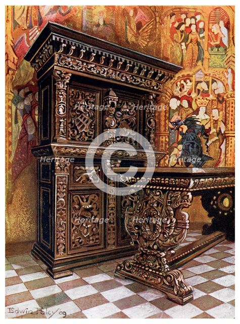Carved oak armoire, 1910.Artist: Edwin Foley