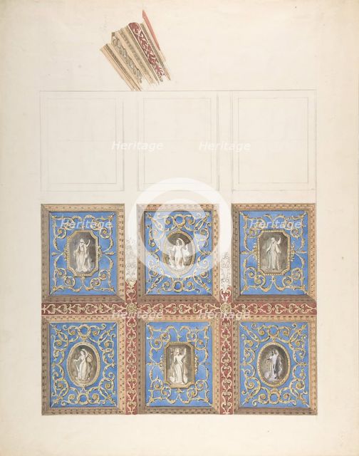 Carved and Painted Ceiling with Six Figural Medallions, for Cleish Castle, 19th century. Creator: John Gregory Crace.